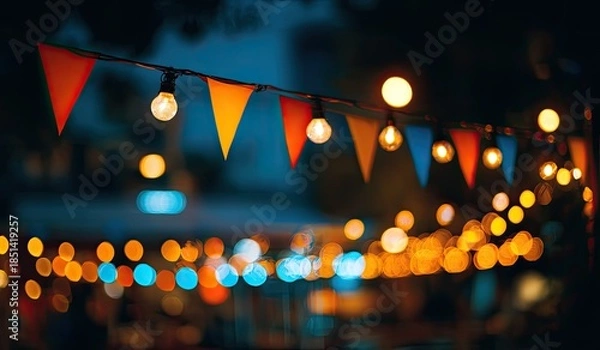 Obraz Festive string lights and pennants illuminate a blurred outdoor evening scene
