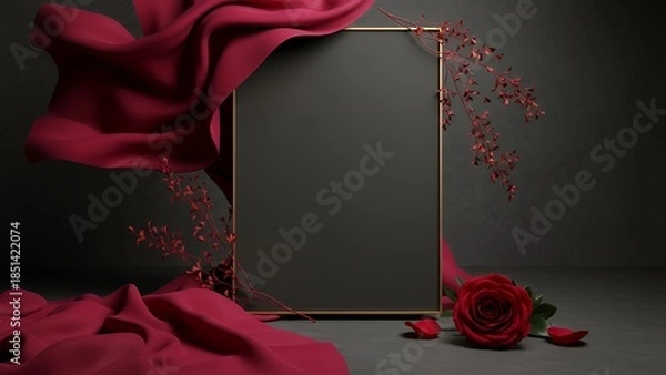 Fototapeta バレンタインや記念日に最適な赤い花と黒いメッセージボードの背景