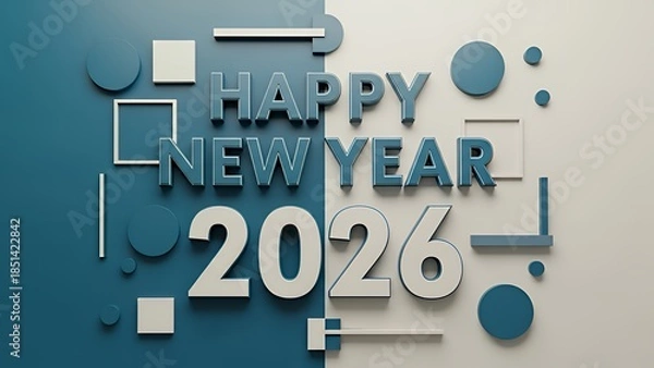 Fototapeta 青と白のツートンカラー背景のモダンな2026年新年挨拶3Dデザイン