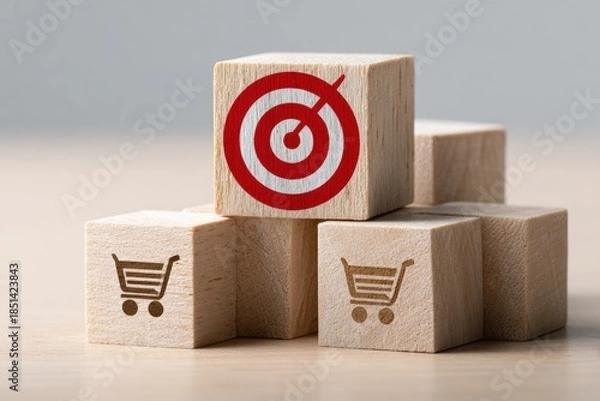 Fototapeta Wooden blocks with target and shopping cart symbols