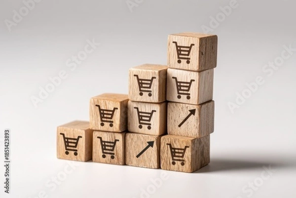 Fototapeta Wooden blocks forming a staircase with shopping cart icons