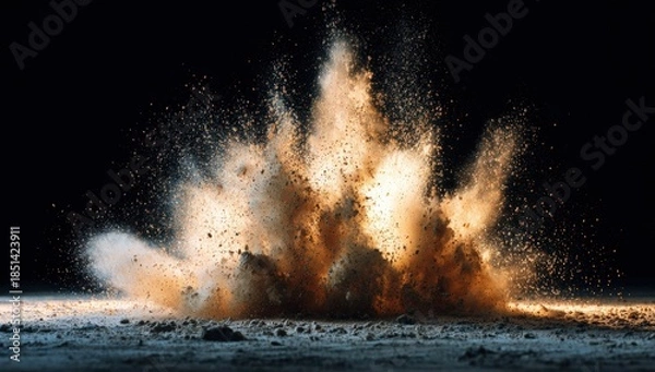 Fototapeta Powerful explosion, a burst of dust and debris