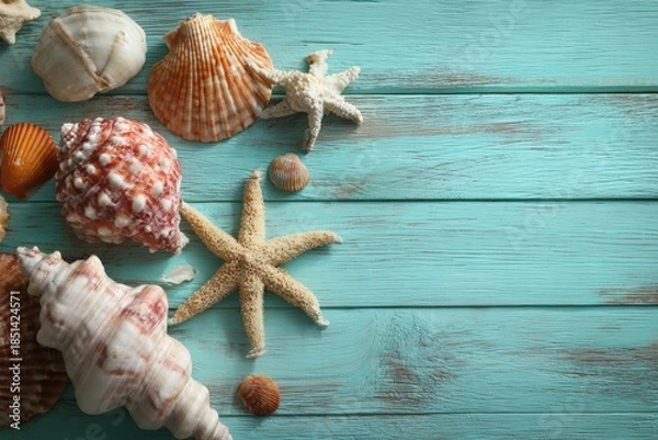Obraz Seashells on a teal wooden background