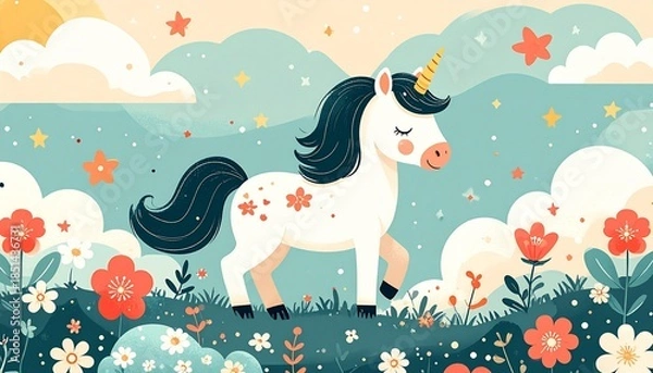 Obraz 和風で可愛い午（馬）と花畑のパステルイラスト：干支と星と雲のファンタジー背景