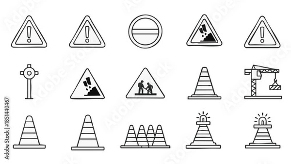 Obraz Road construction warning signs and traffic cones set.