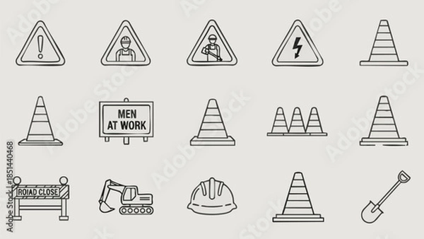 Obraz Construction Site Icons Safety Equipment and Warning Signs.