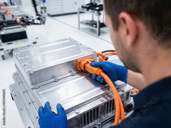 Obraz Automotive technician connecting high voltage orange cable to EV battery pack in a clean factory