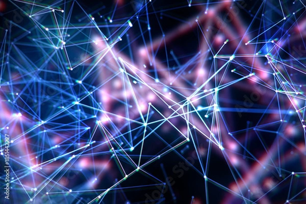 Obraz Abstract Digital Network Concept. Glowing Connected Nodes And Lines Forming Futuristic Data Structure Representing Technology And Communication. 3d Rendering