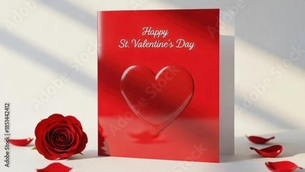 Fototapeta Valentine's Day greeting card with a red heart and rose for romantic celebration