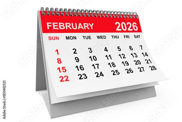 Obraz 2026 Year February Calendar. 3d rendering