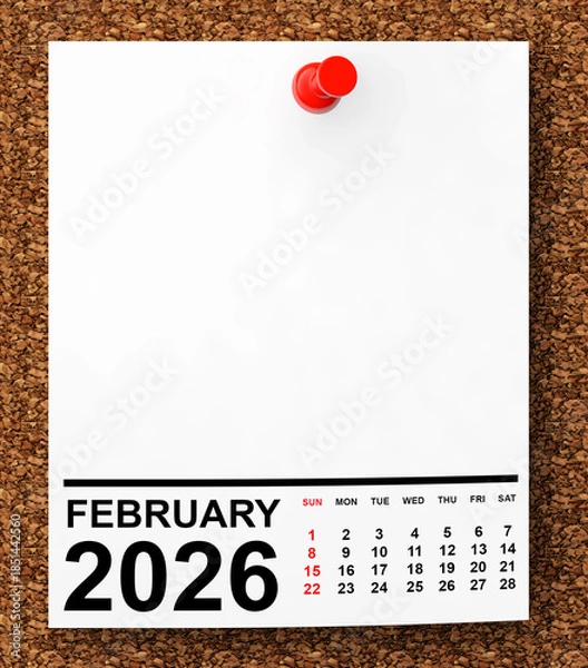 Obraz Calendar February 2026 on Blank Note Paper. 3d Rendering