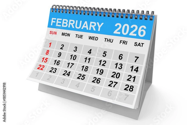 Obraz 2026 Year February Calendar. 3d Rendering