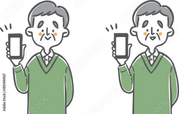 Obraz スマホを持つシニア男性　上半身　ベクター