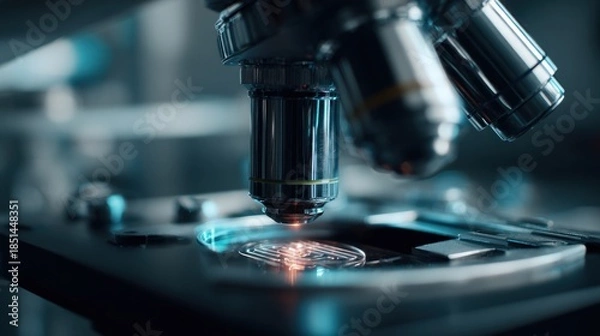 Obraz High Magnification Microscope Examining Sample in Futuristic Laboratory