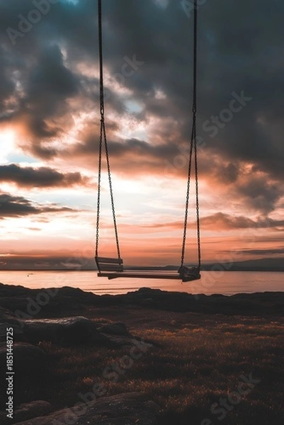 Obraz Empty swing set overlooking ocean at sunset image