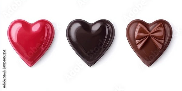Obraz Three heart-shaped chocolates in red and various shades of brown, symbolizing love and sweetness.