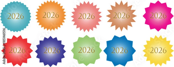 Obraz 2026年を示す多色スターバーストバッジセット ベクター