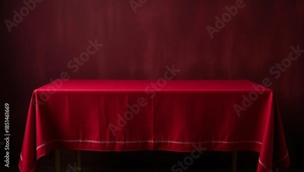 Obraz Elegant red velvet tablecloth draped over a table with a dark background