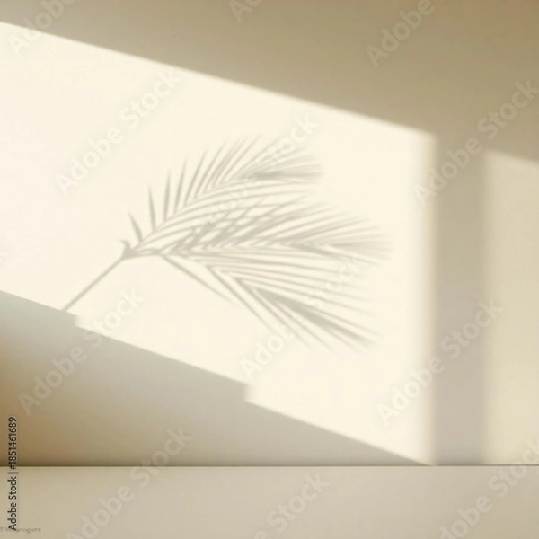 Obraz Soft natural light casts a delicate palm leaf shadow on a neutral wall
