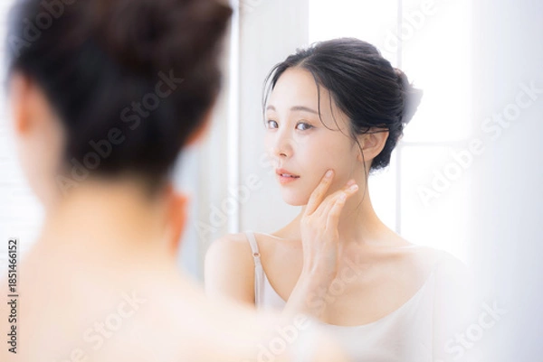 Obraz 鏡を見るケアする女性　保湿とスキンケア顎周りのケア
