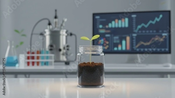 Obraz A young plant grows in a jar on a lab bench beside test tubes and a computer displaying charts