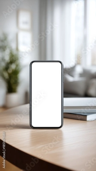 Obraz Smartphone mockup on desk by window, blank screen template