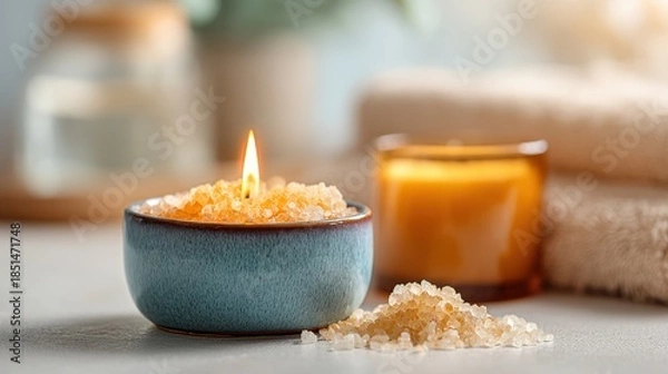 Obraz Bath salt bowl with candle, spa treatment and relaxation concept