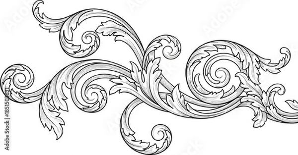 Fototapeta Vintage baroque acanthus flourish ornament with detailed engraved scrollwork, elegant decorative black line element isolated on white background vector illustration