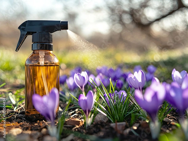 Obraz Brown spray bottle on the ground with blooming purple flowers nearby