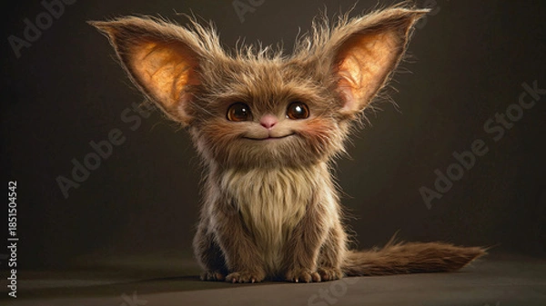 Obraz Cute Furry Creature with Large Ears Smiling Against Dark Background