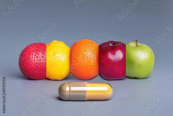 Fototapeta Conceptual Fusion of Fresh Fruits and Vitamin Capsule for Healthy Living