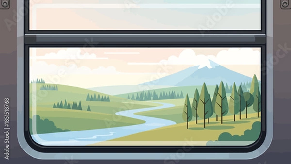 Obraz Scenic Journey: Serene Landscape View from a Train Window, Flat Illustration