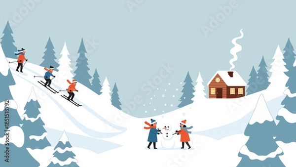 Obraz Winter wonderland scene with people skiing down snowy slopes and building a snowman near a cozy cabin.