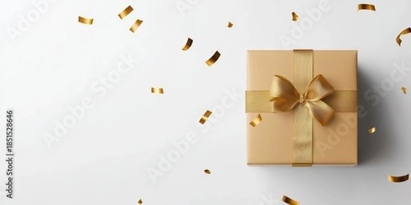 Obraz  beautifully wrapped golden gift box surrounded by shimmering confetti, perfect for celebrations and special occasions.