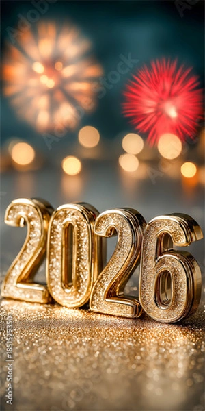 Obraz 2026年 新年のお祝い ゴールドの数字と夜空に舞う花火 背景素材