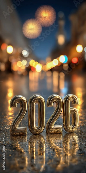 Obraz 2026のキラキラ文字と打ち上げ花火（広告・SNS用背景）
