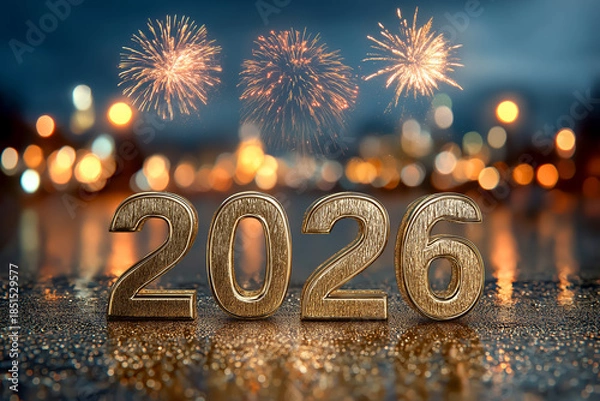 Obraz 花火が輝く新年背景と「2026」立体文字（コピースペース）