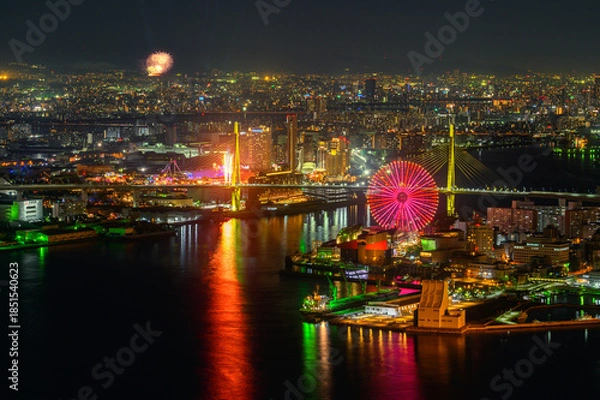Obraz 南港から見た花火大会の日の大阪の夜景