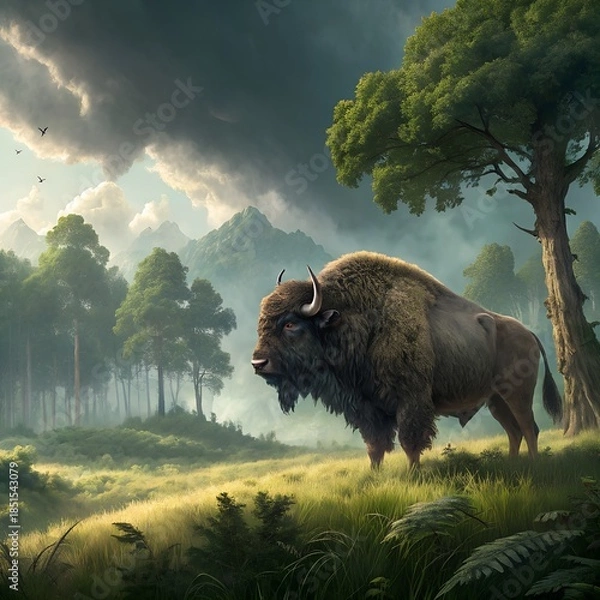 Obraz A giant bison standing in a jungle meadow, dramatic clouds, beautiful background