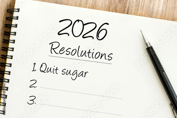 Obraz Handwritten 2026 Resolutions list in a spiral notebook with the first goal Quit Sugar and a pen on the side.