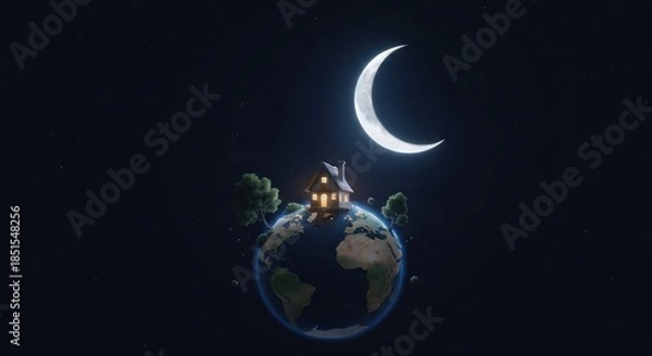 Obraz Earth home under a crescent moon, night sky with stars