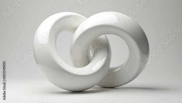 Fototapeta Two glossy white interconnected toroidal objects against a plain light background casting soft shadows