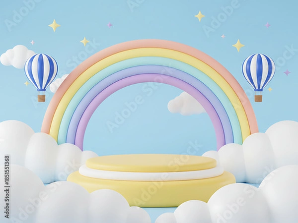 Fototapeta 3d kids podium with sky clouds and rainbow, floating hot air balloons twinkle stars. Cartoon vector background in cute childish toy style with round stage or pedestal under blue cloudy sky, Whimsical 
