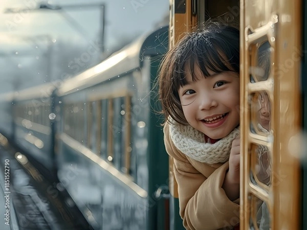Obraz 雪が降る冬の風景の中、走行する列車から顔を出して笑うアジア人の子どもの温かい旅行シーン