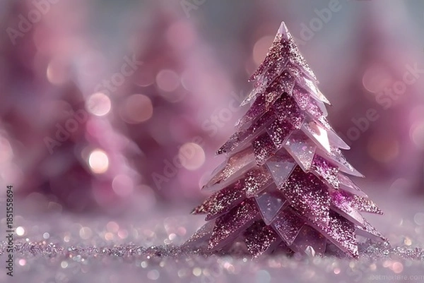 Obraz A small pink glittering Christmas tree stands on a sparkling surface.