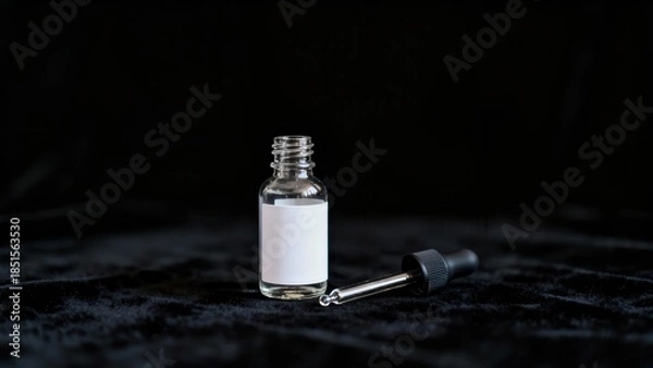 Fototapeta Open glass dropper bottle with a blank white label and detached black pipette resting on a textured black velvet background.