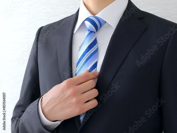 Obraz スーツ姿のビジネスマンがネクタイを整えて身だしなみを確認する出勤前の清潔感ある一瞬