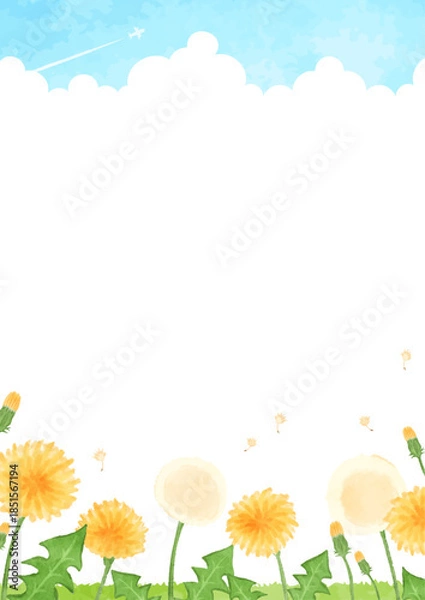 Obraz 手描きのタンポポと青空の風景イラスト