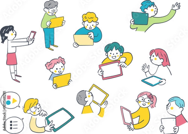 Obraz タブレット画面を見せ合い意見交換を楽しむ小学3年生くらいの子供たち、協働学習でアイデアを共有するワクワク感と笑顔のグループワーク、手書き風イラスト、ICT教育・生き生きタブレット学習シリーズ