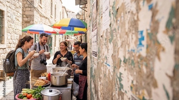 Fototapeta A vibrant street food scene unfolds, with a diverse group enjoying delicious meals under a colorful umbrella. The image captures the essence of communal dining, and cultural exchange.